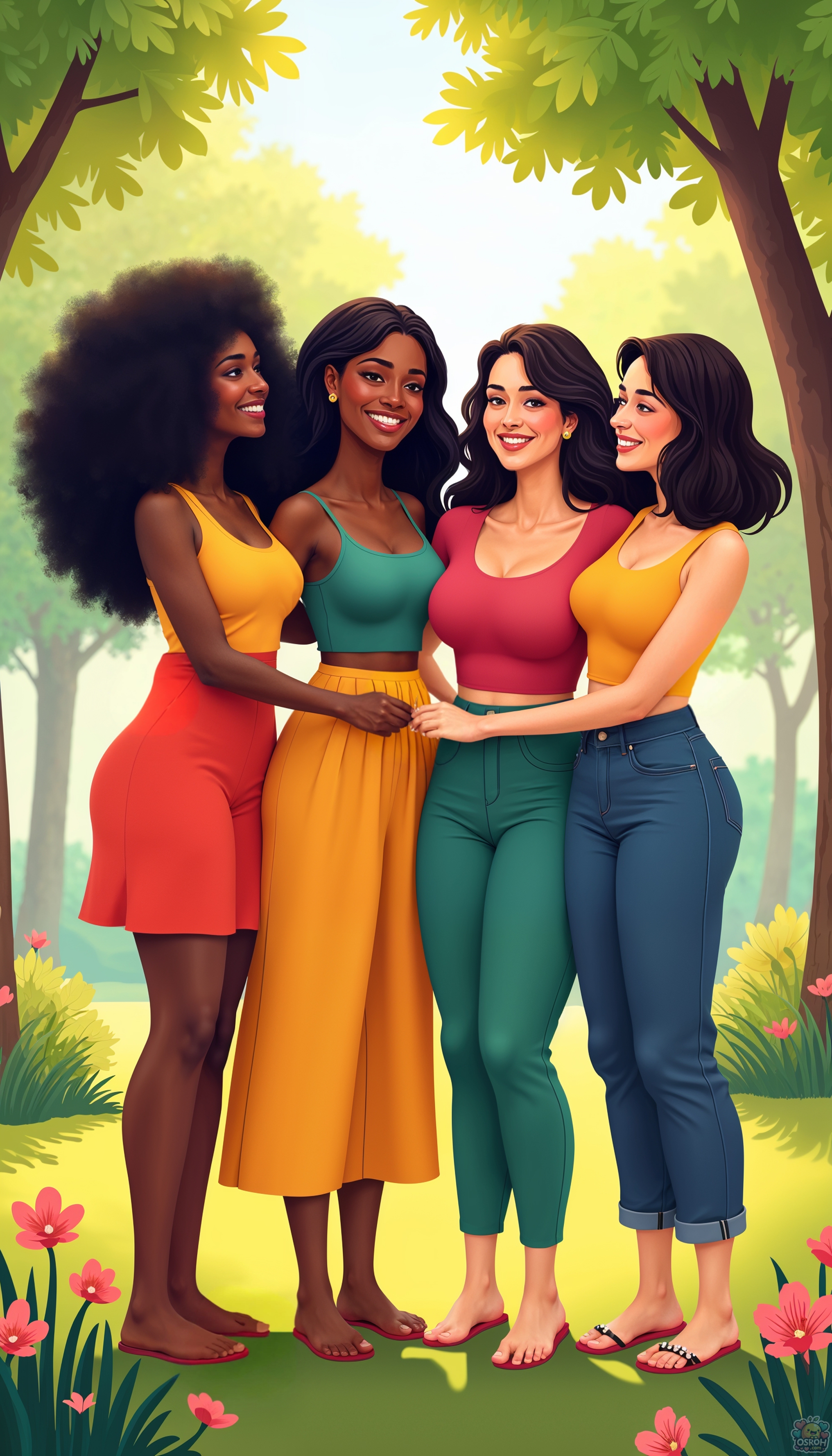 Friendship, universal love, four women friends of various races and colors