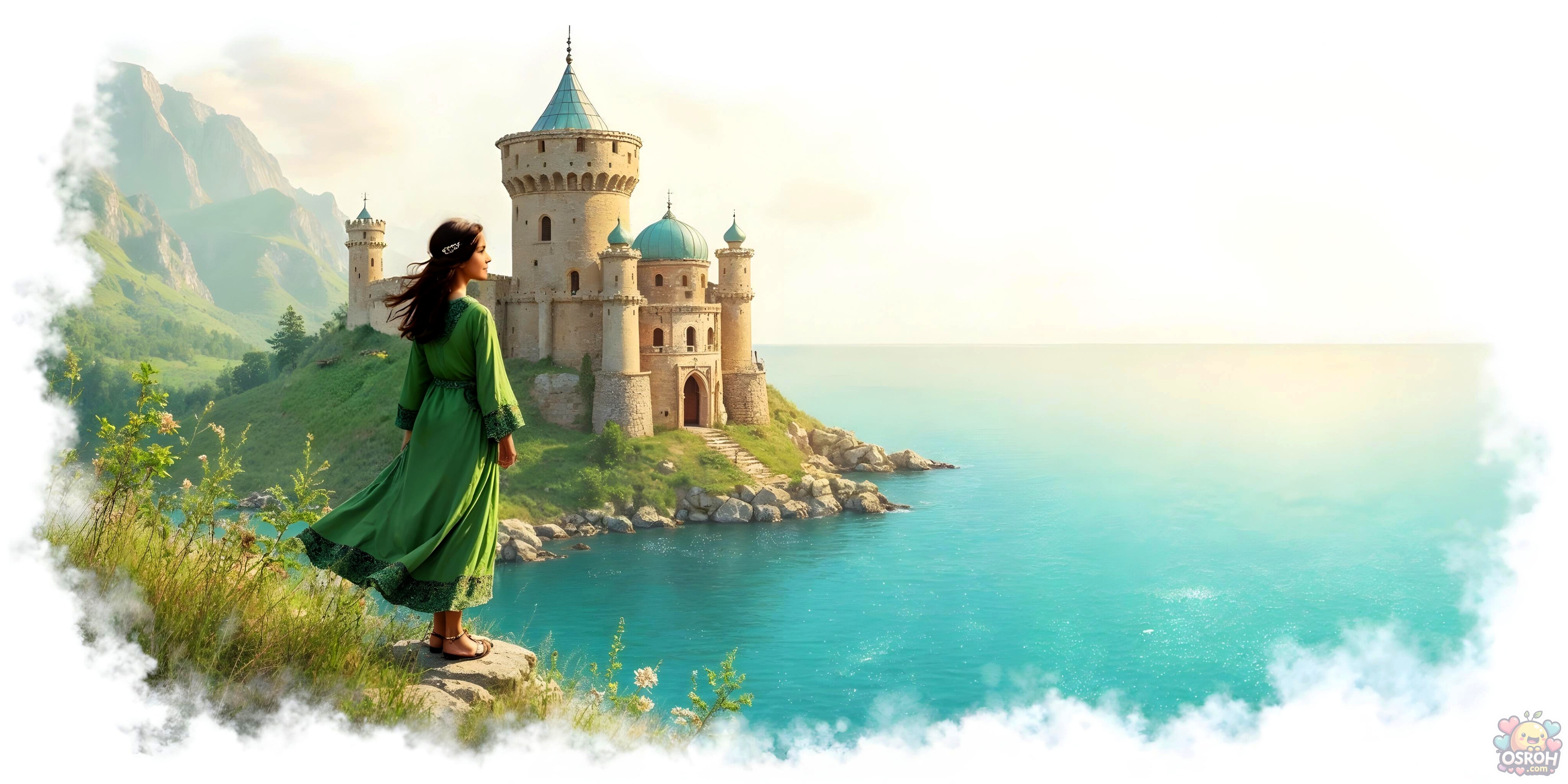 Fantastic fairy tale Castle tower a girl with long hair wide screen wallpaper