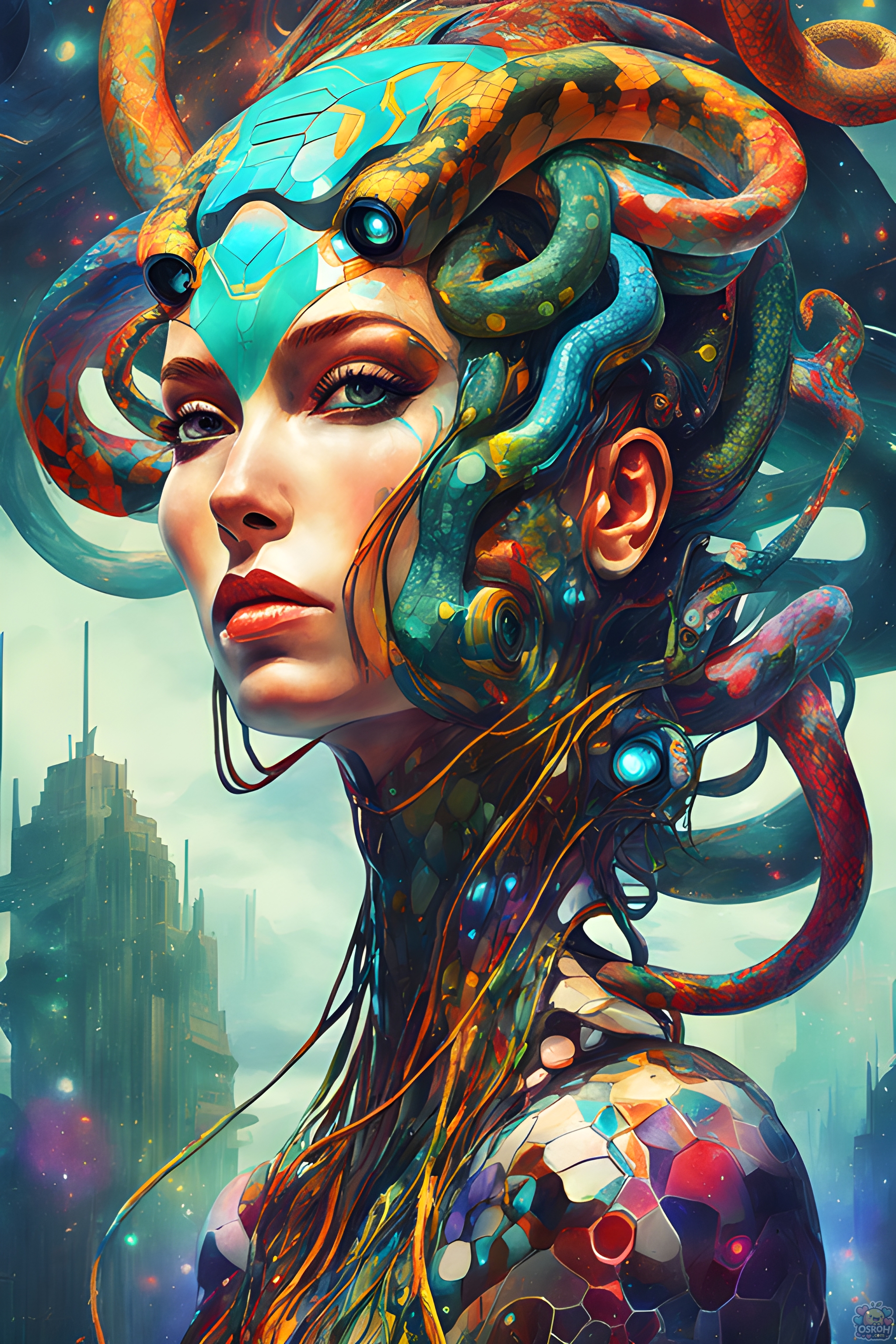 Science Fiction digital painting of a beatiful medusa woman snake hairs aliens cyborg face bizzare geom 1826347